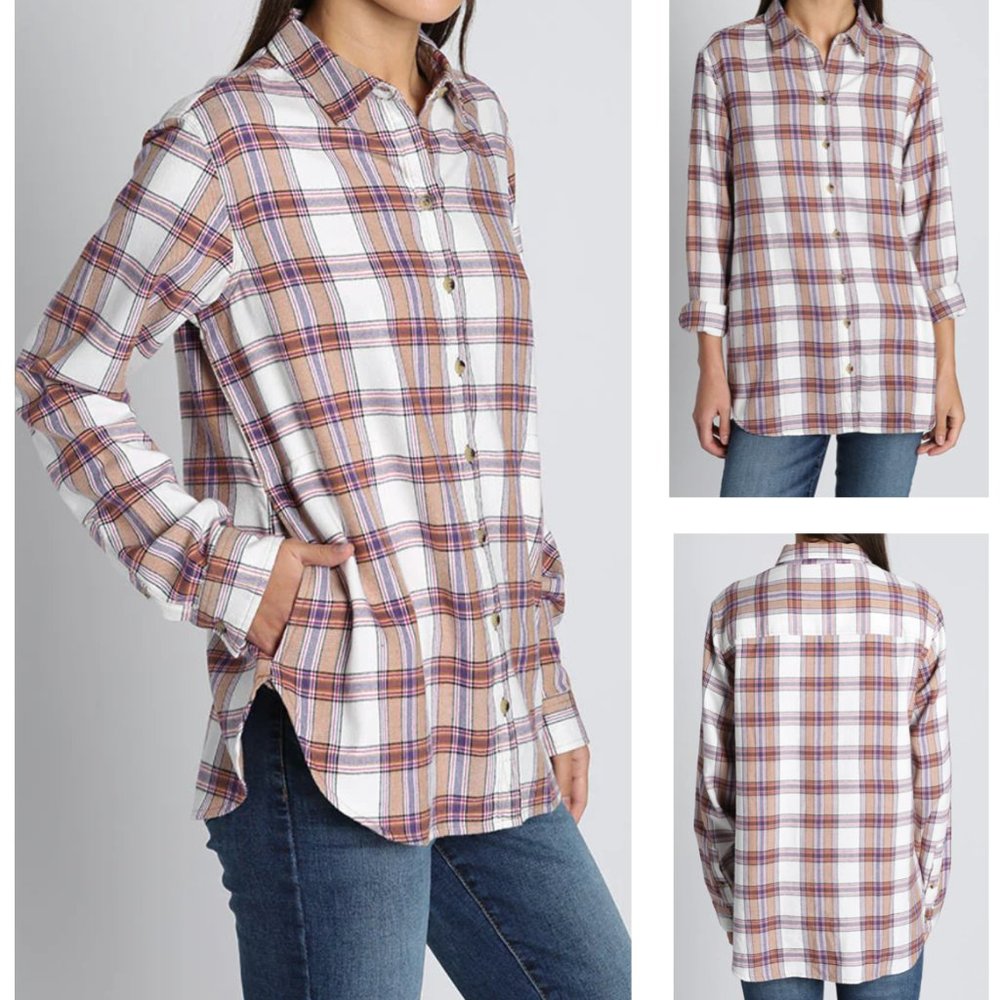 JACHS Girlfriend Tan Plaid Flannel button up szM NWT